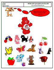 okul öncesi renkler çalışma sayfaları; verilen resimle aynı renkte olan resimleri işaretle